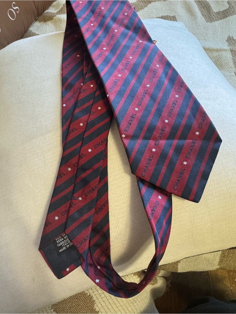CHANEL Burgundy and Black Striped Silk Tie with Logo Motif